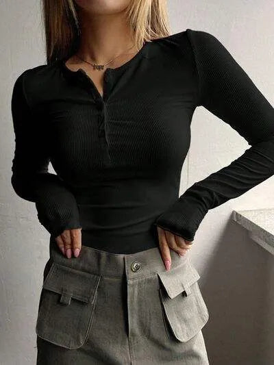 Half Button Long Sleeve T-Shirt Black Women's T-Shirts - Tophatter Daily Deals